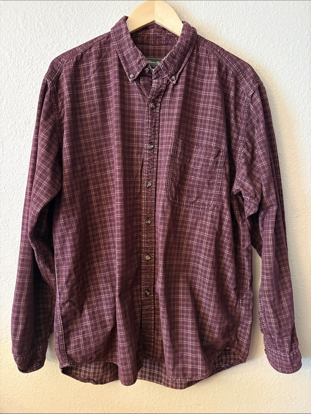 Eddie Bauer Men’s Plaid Button Down Shirt LT Wine Red 100% Cotton Tall